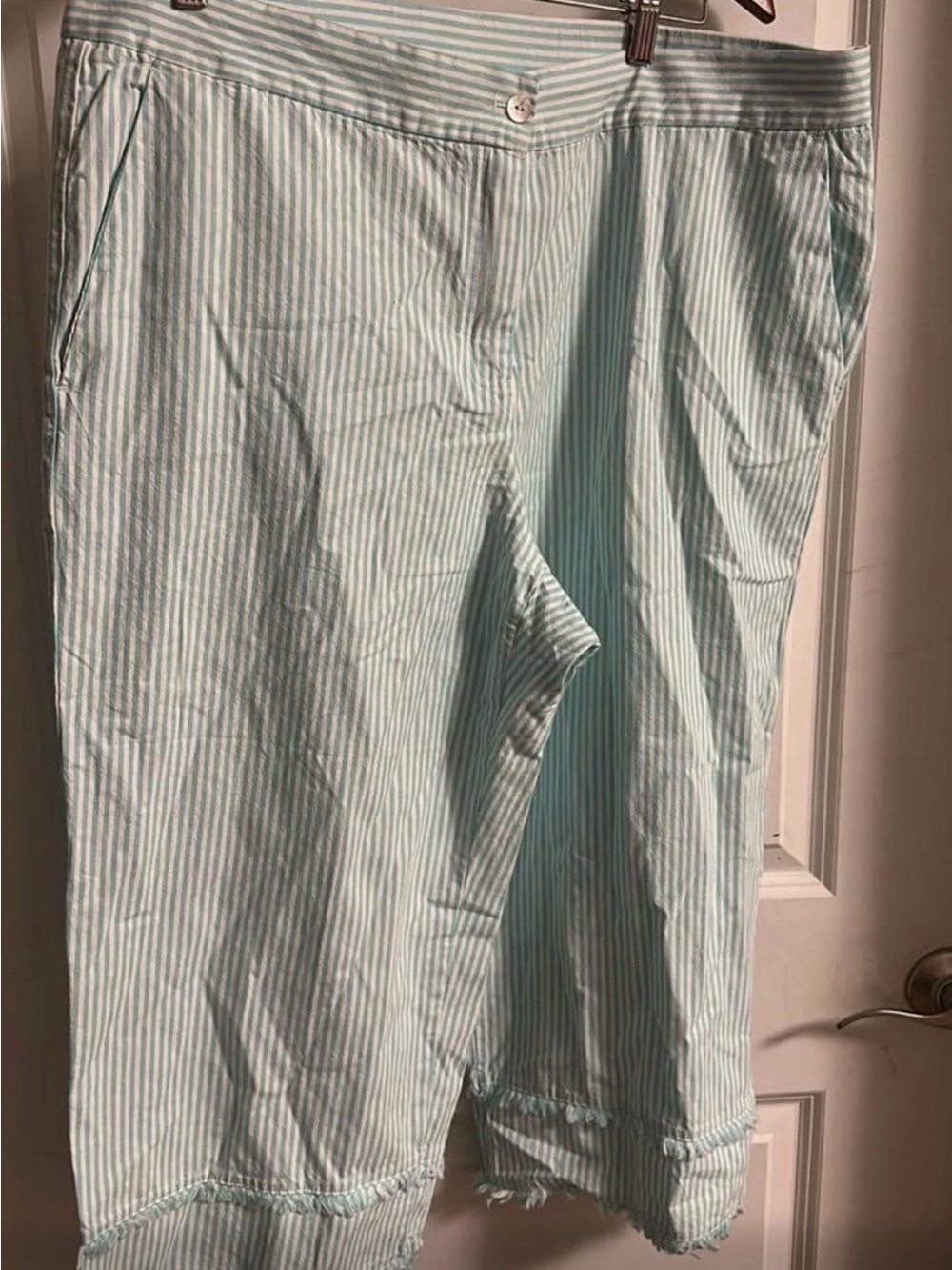 Source Unknown Light Blue & White Striped Capris